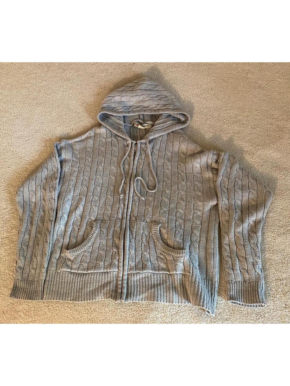 Love Change Italy FULL ZIP Gray Cable Knit Sweater Hoodie Women's L Pockets